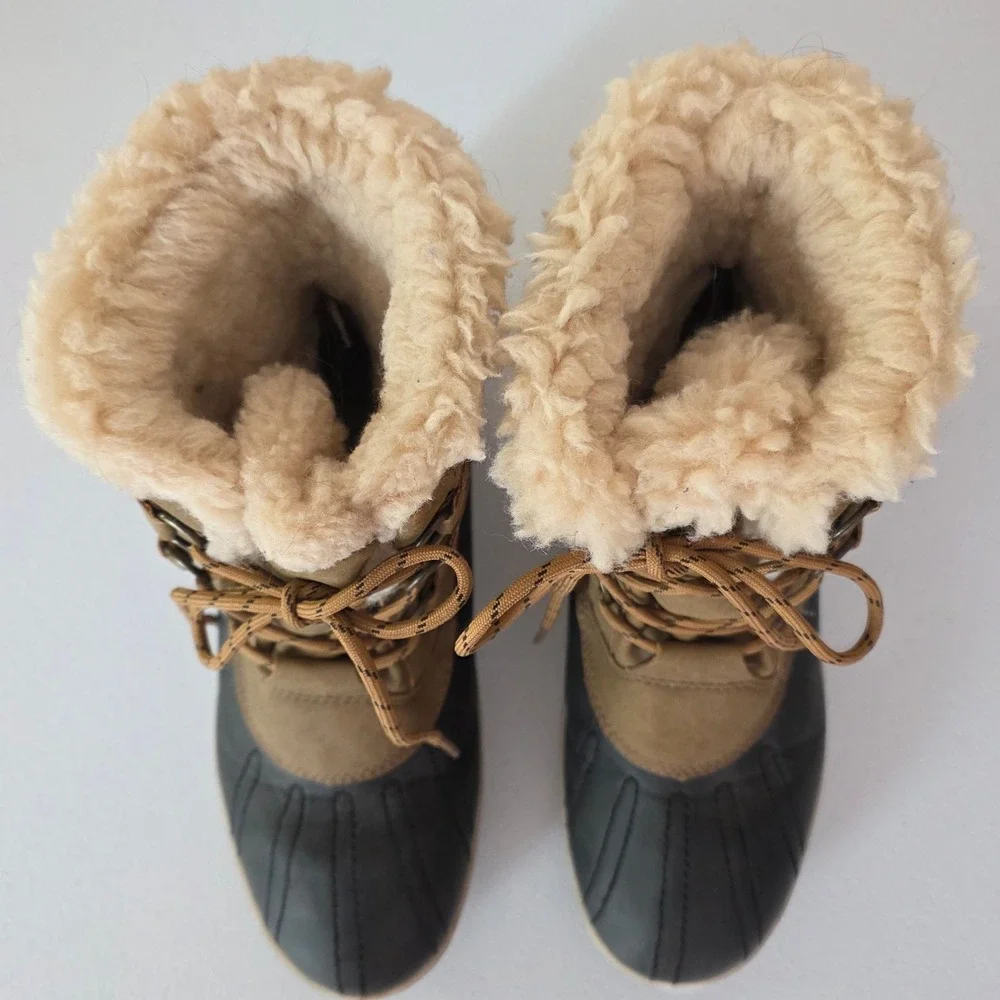 Pawz Gina Snow Boots Women Size 9 Tan Black Faux Leather Wool Blend Sherpa Lined